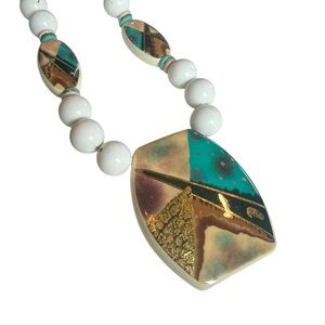 Vintage MCM Ceramic Painted Enamel Beaded Necklace Japanese